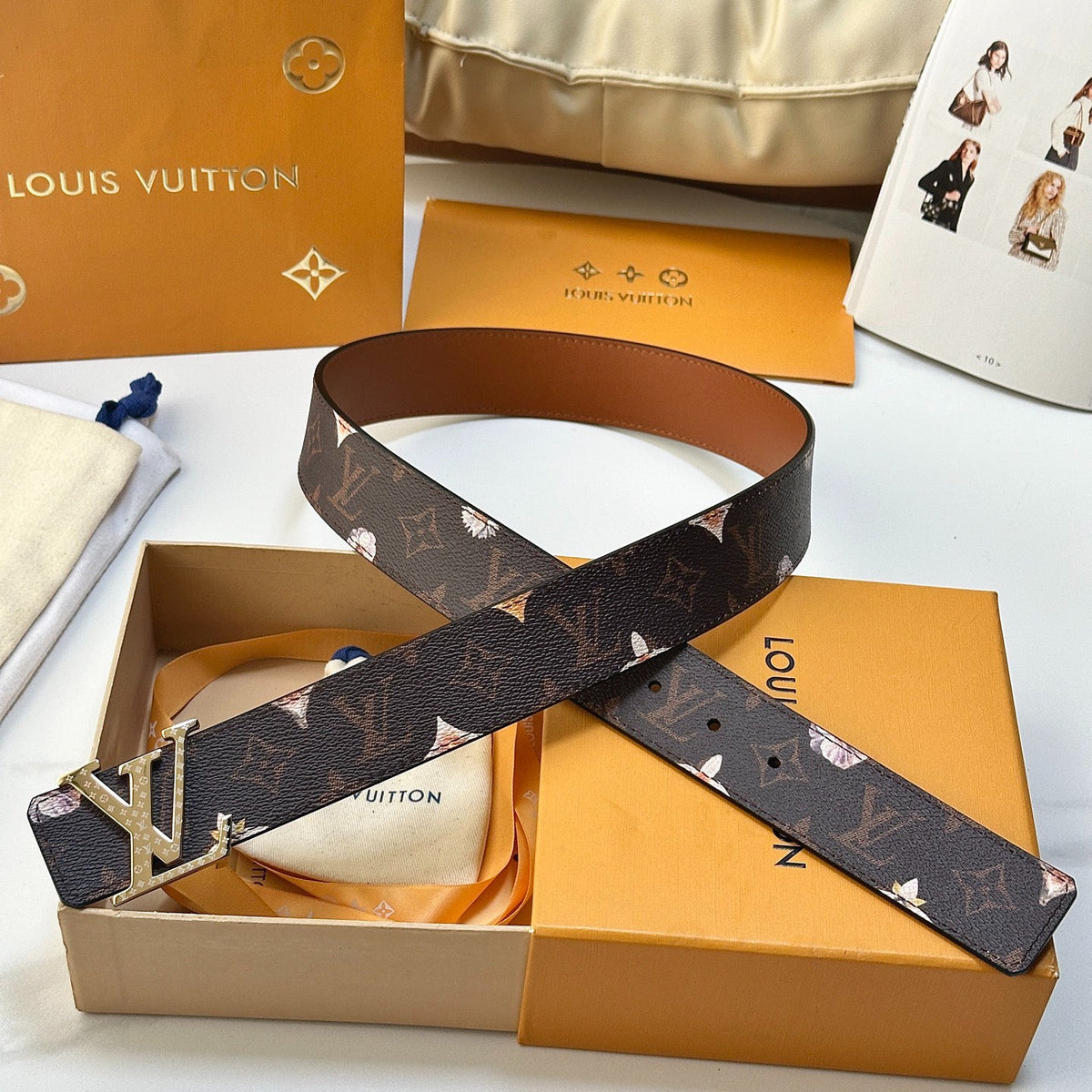Gradient Blue Monogram Leather Men Belt Silver Engraved Logo Buckle Casual Dress Belt