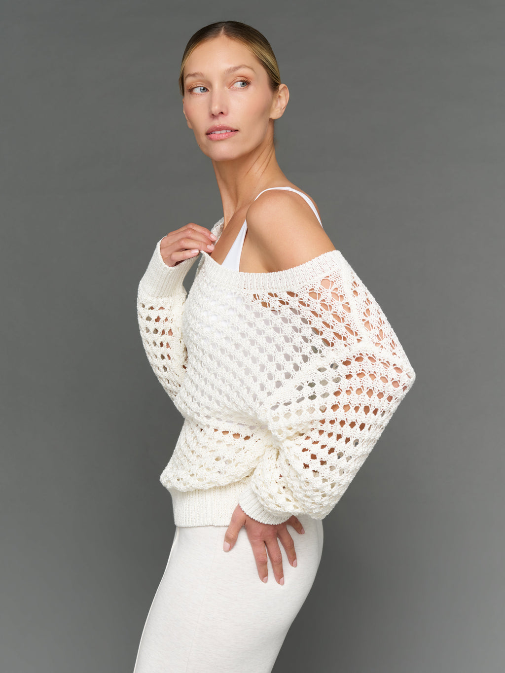 Wide Neck Open Knit Sweater - White