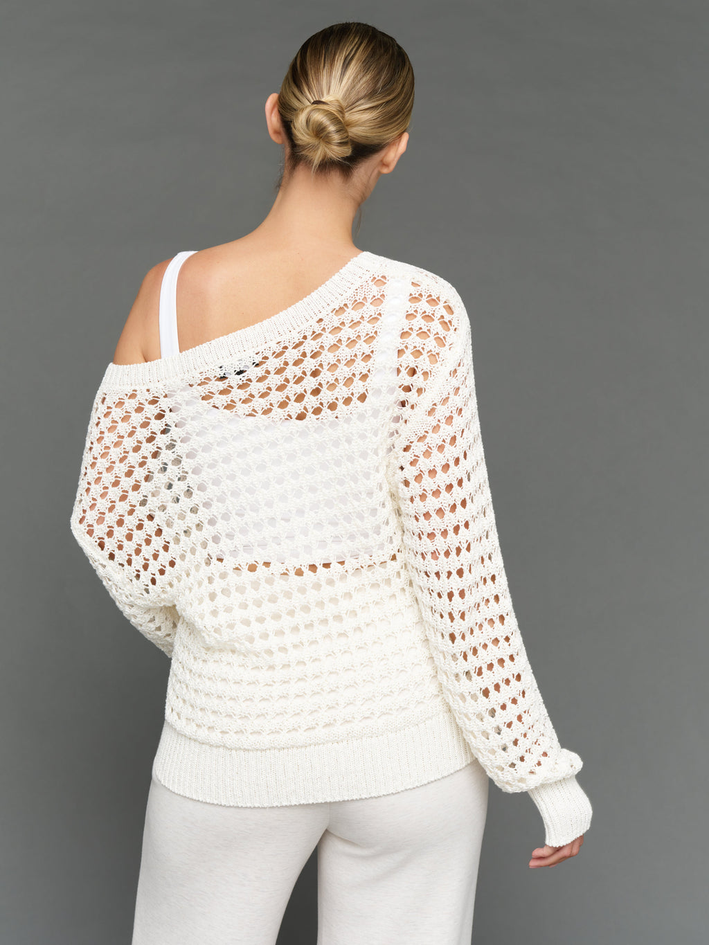 Wide Neck Open Knit Sweater - White