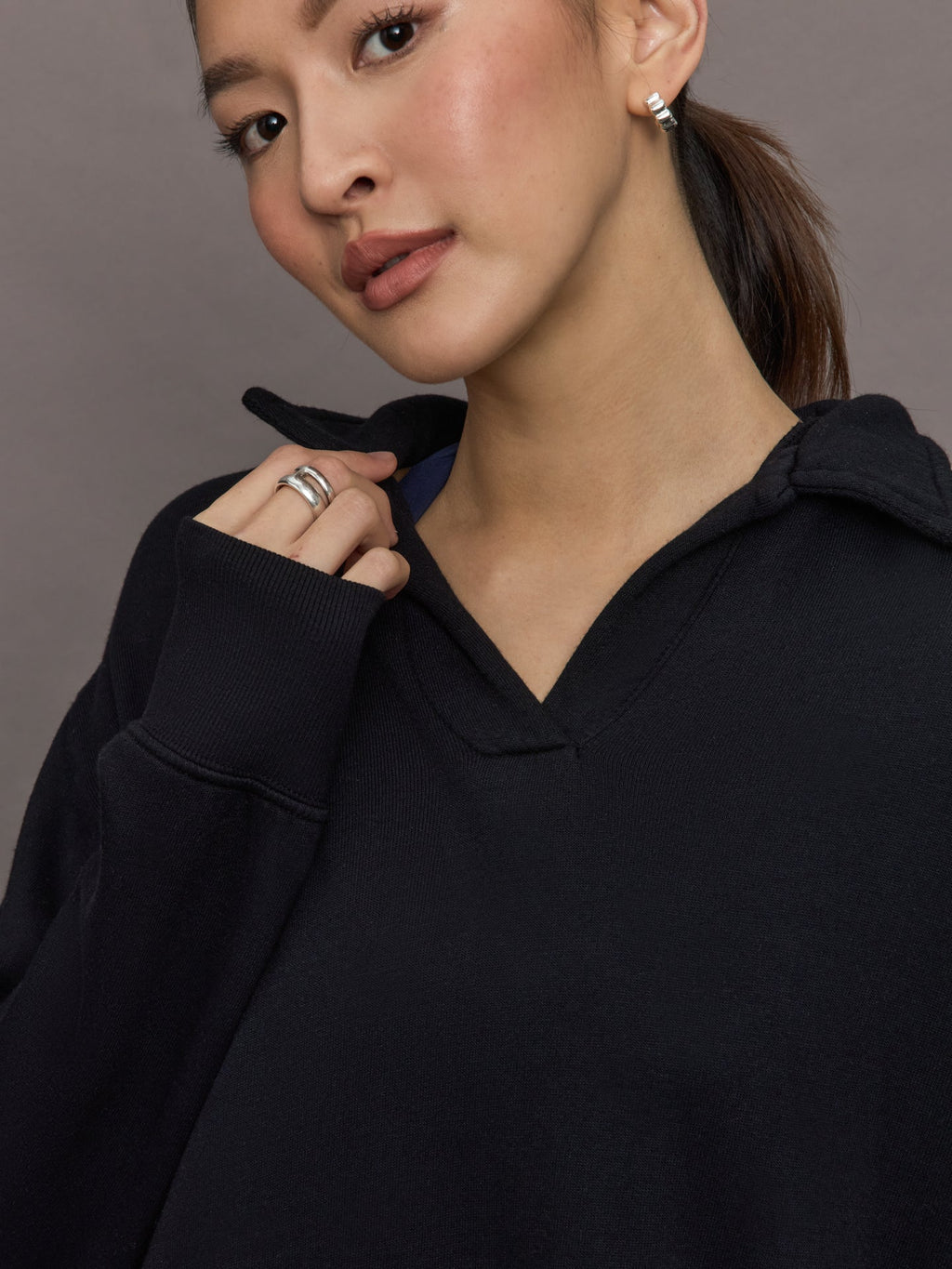 Johnny Collar Sweatshirt in French Terry - Black