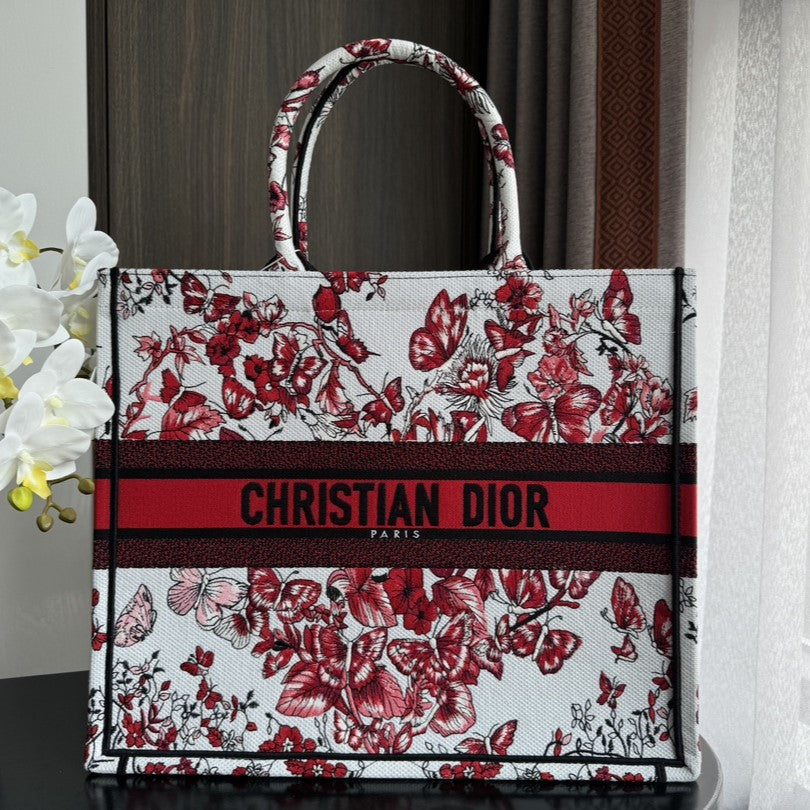 Large CD Book Tote 42cm White and Red Heart Butterfly Embroidery