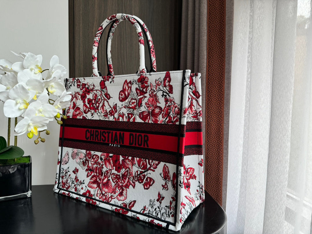 Large CD Book Tote 42cm White and Red Heart Butterfly Embroidery