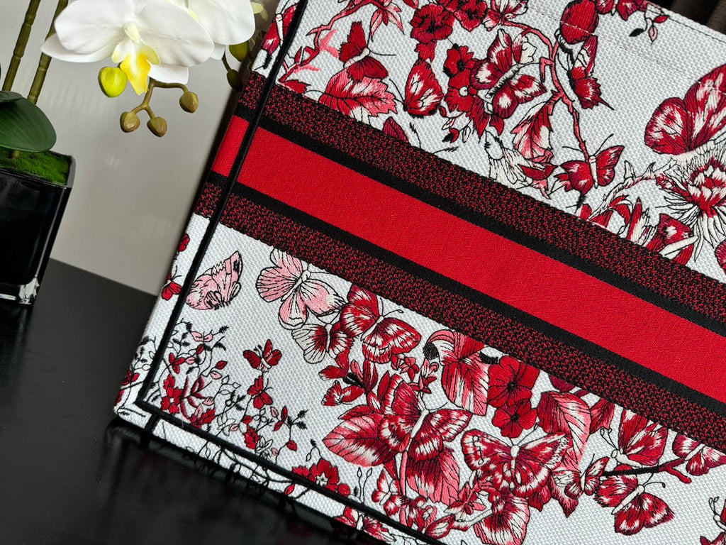 Large CD Book Tote 42cm White and Red Heart Butterfly Embroidery