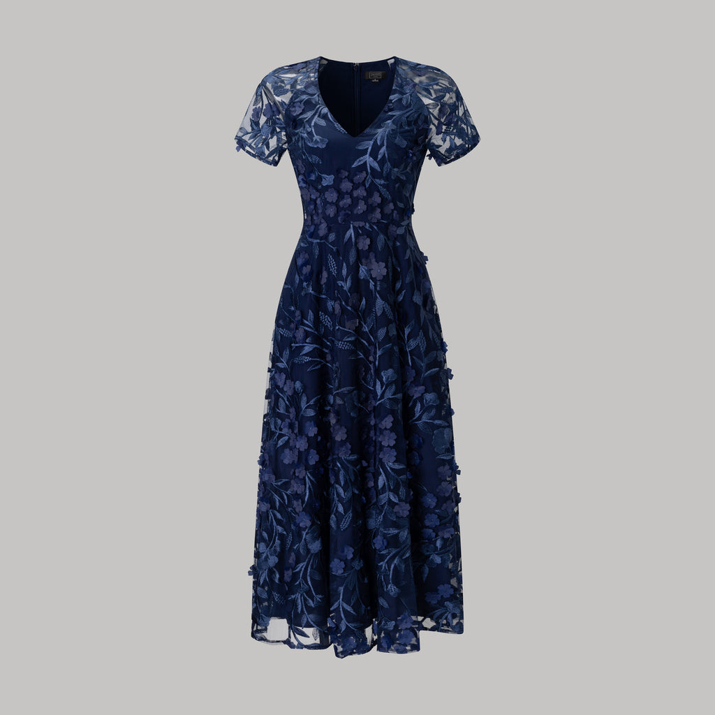Midnight Navy Embroidered Evening Dress, Cocktail Party
