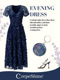 Midnight Navy Embroidered Evening Dress, Cocktail Party