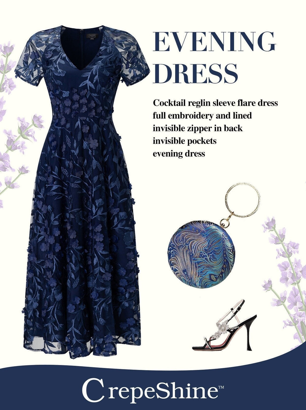Midnight Navy Embroidered Evening Dress, Cocktail Party