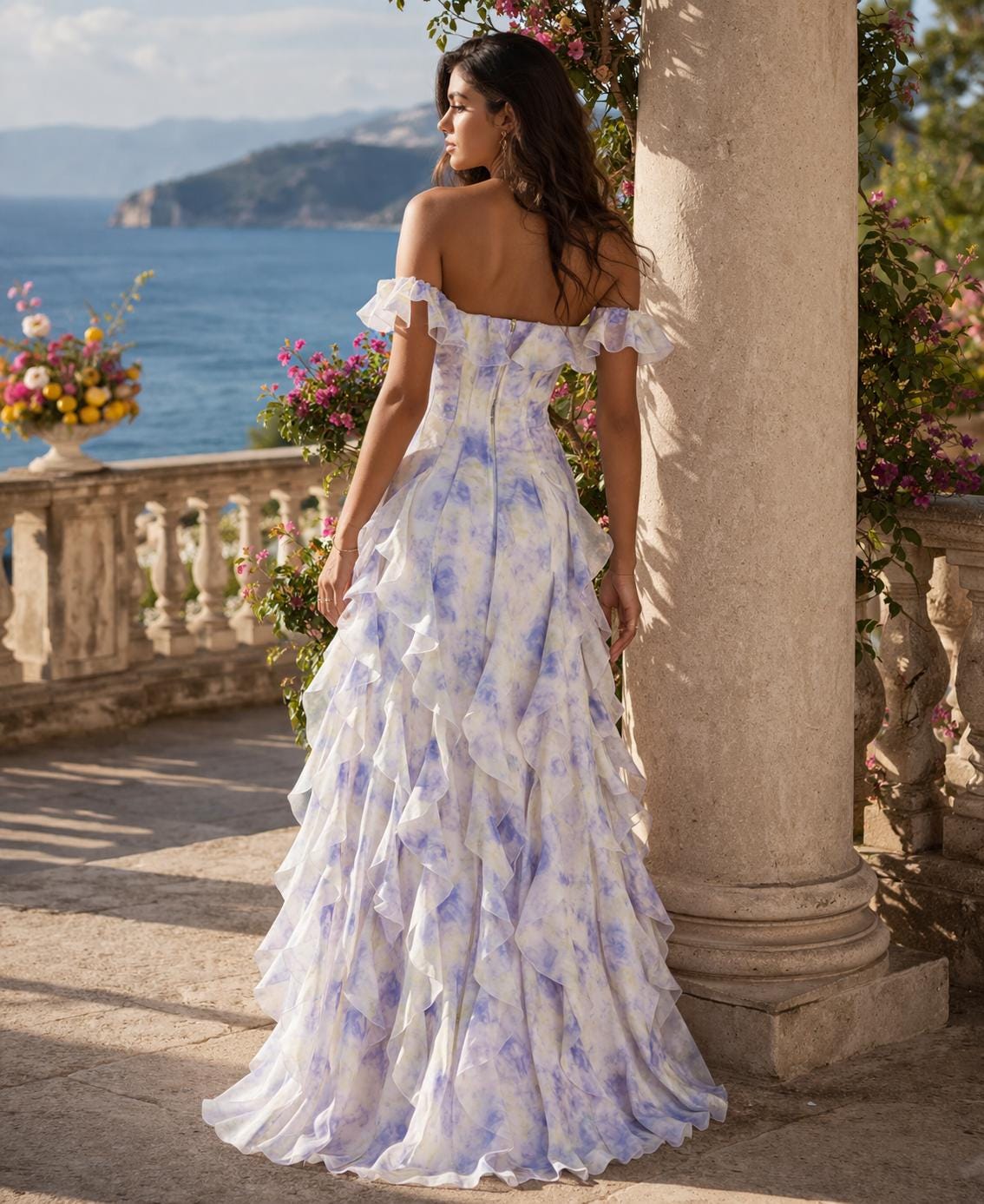 Off Shoulder Ruffle Maxi Dress, Floral Chiffon, Summer Wedding Guest, Beach Vacation, Romantic Evening