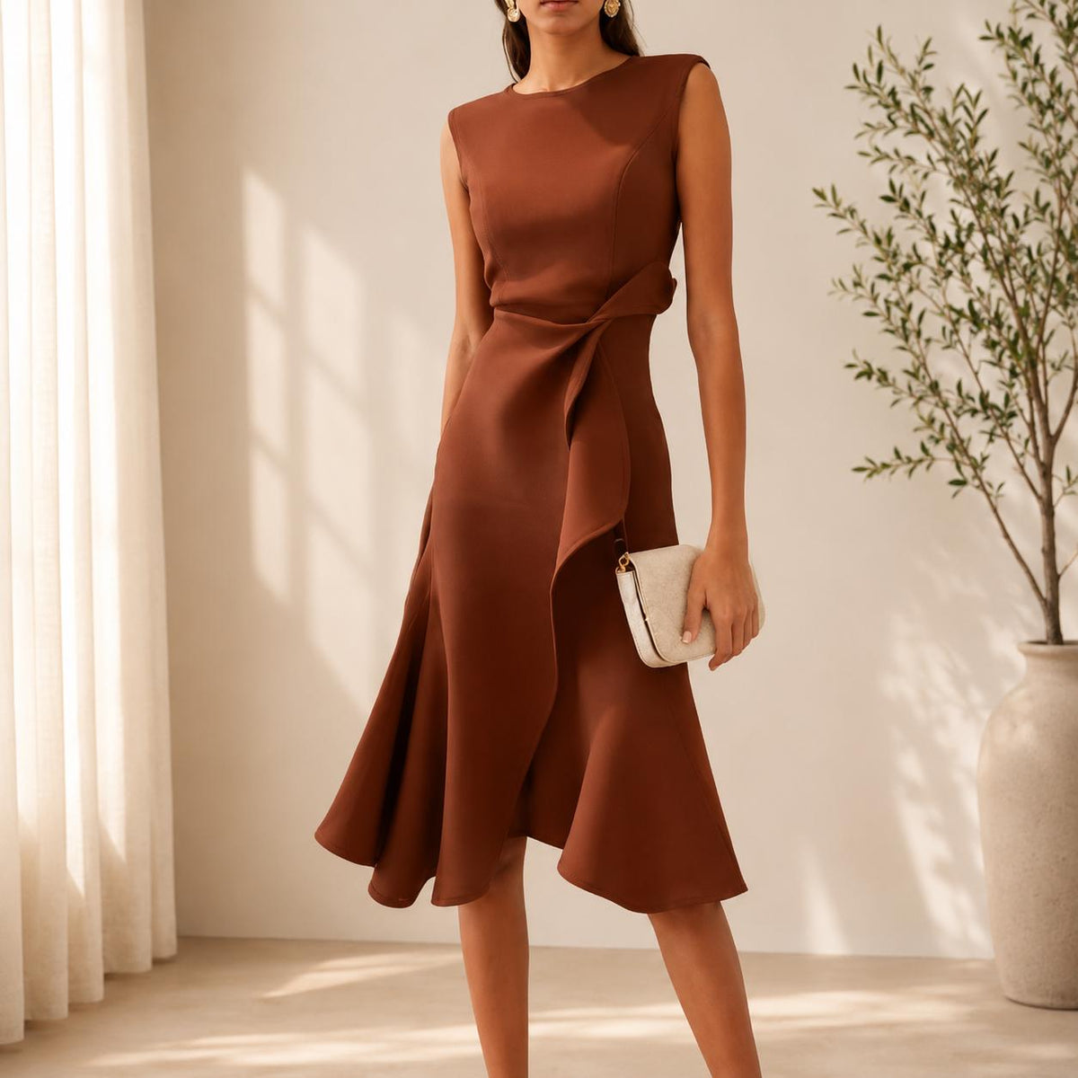 Elegant Brown Midi Dress  Sleeveless Bodycon Dress  Ruffle Hem Cocktail Dress  Formal Evening Outfit for Women