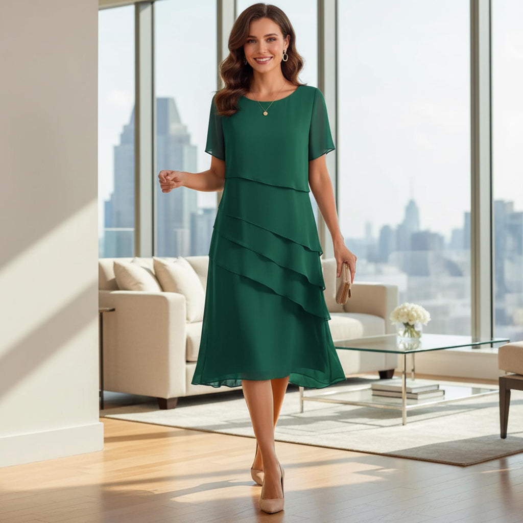 Women Chiffon Cocktail Dress Layered Asymmetrical Hem Elegant Short Sleeve Party Dress
