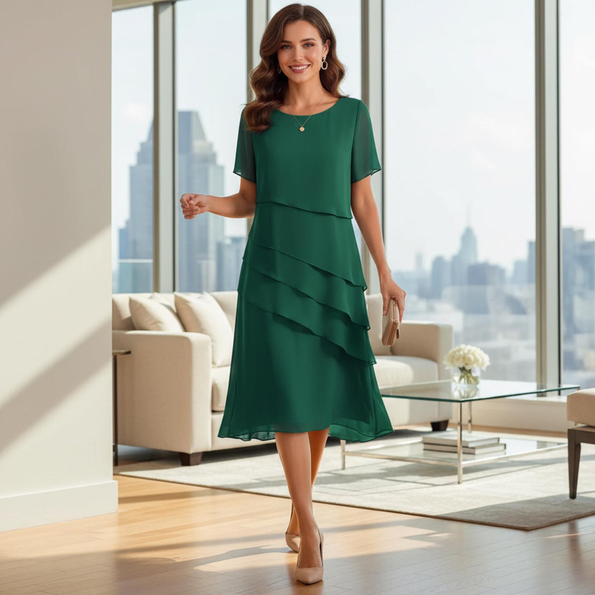 Women Chiffon Cocktail Dress Layered Asymmetrical Hem Elegant Short Sleeve Party Dress