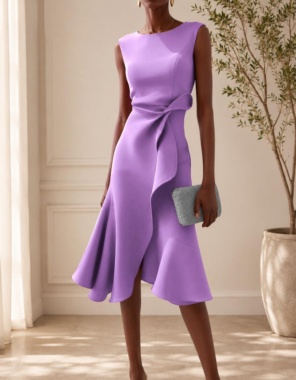 Elegant Brown Midi Dress  Sleeveless Bodycon Dress  Ruffle Hem Cocktail Dress  Formal Evening Outfit for Women