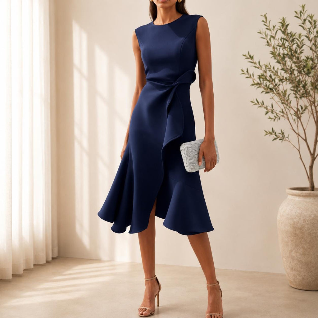 Elegant Brown Midi Dress  Sleeveless Bodycon Dress  Ruffle Hem Cocktail Dress  Formal Evening Outfit for Women
