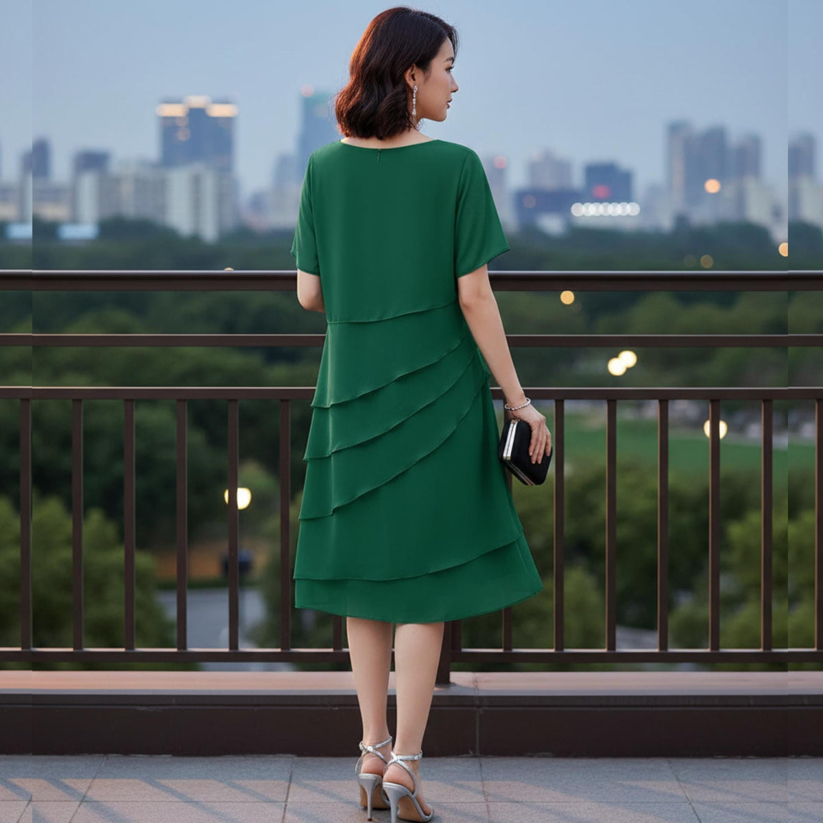 Women Chiffon Cocktail Dress Layered Asymmetrical Hem Elegant Short Sleeve Party Dress