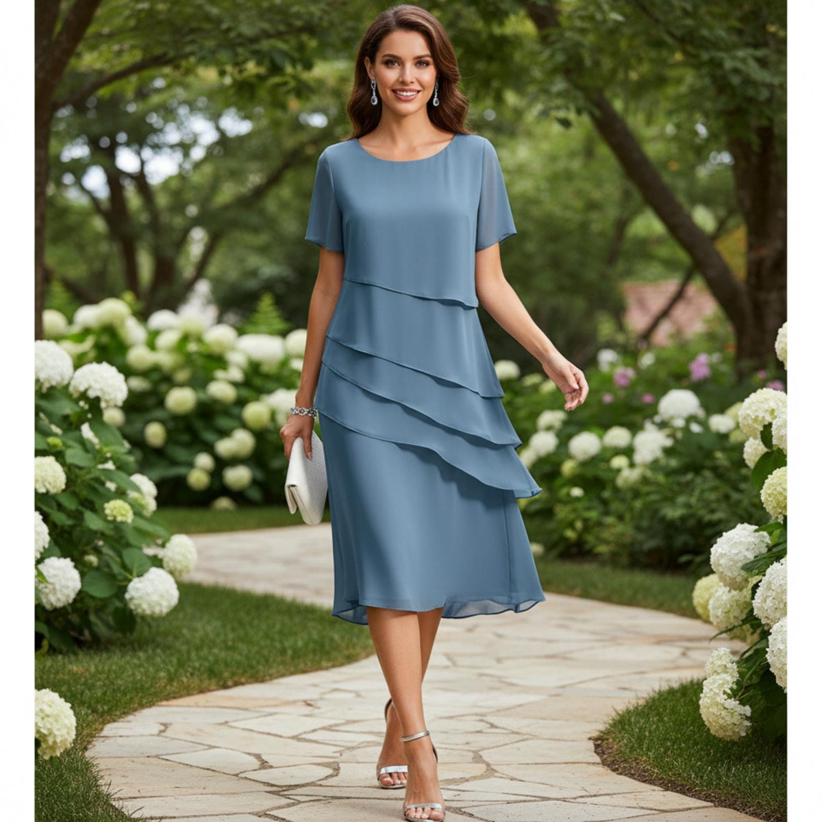 Women Chiffon Cocktail Dress Layered Asymmetrical Hem Elegant Short Sleeve Party Dress