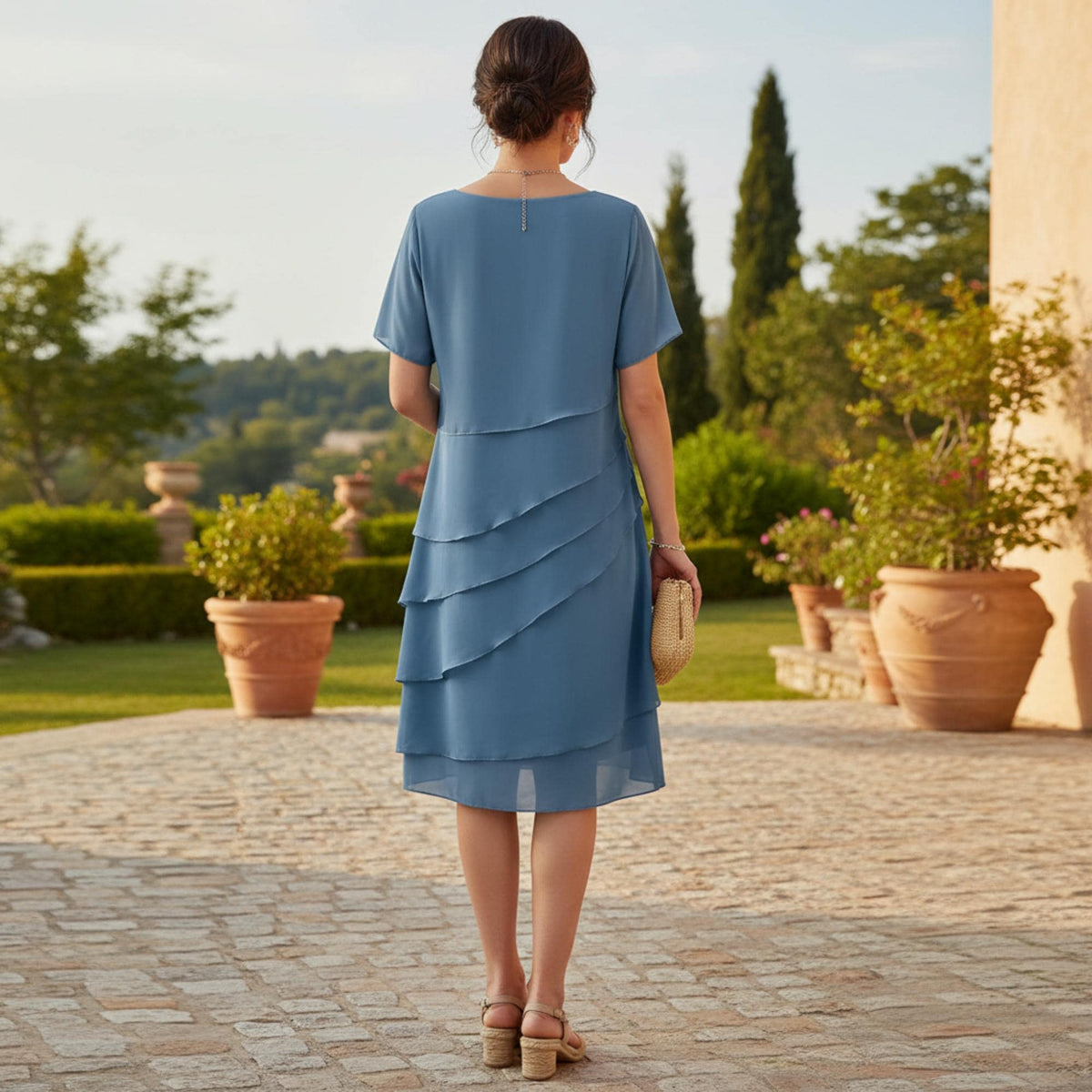 Women Chiffon Cocktail Dress Layered Asymmetrical Hem Elegant Short Sleeve Party Dress