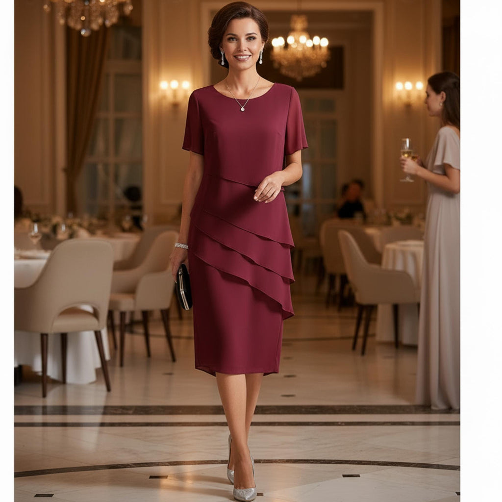 Women Chiffon Cocktail Dress Layered Asymmetrical Hem Elegant Short Sleeve Party Dress