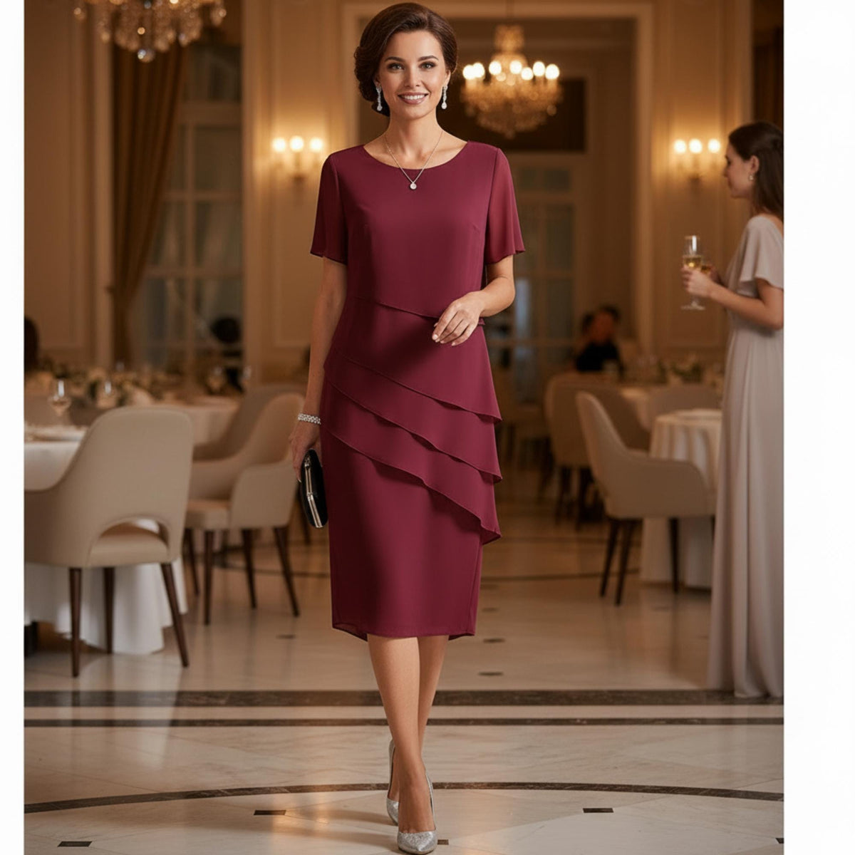 Women Chiffon Cocktail Dress Layered Asymmetrical Hem Elegant Short Sleeve Party Dress