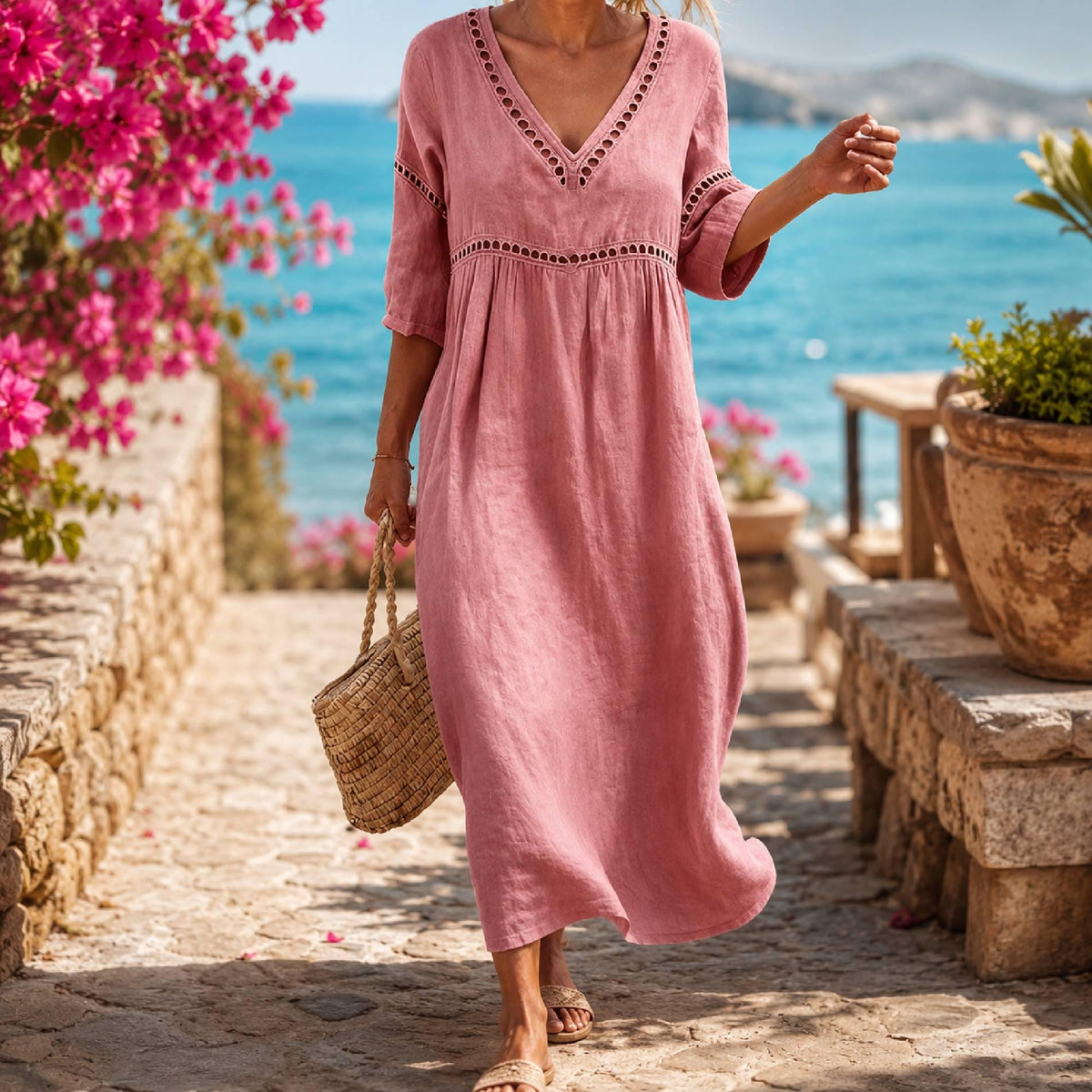 Light Blue Cotton V-Neck Maxi Dress, Boho Beach Summer Sundress