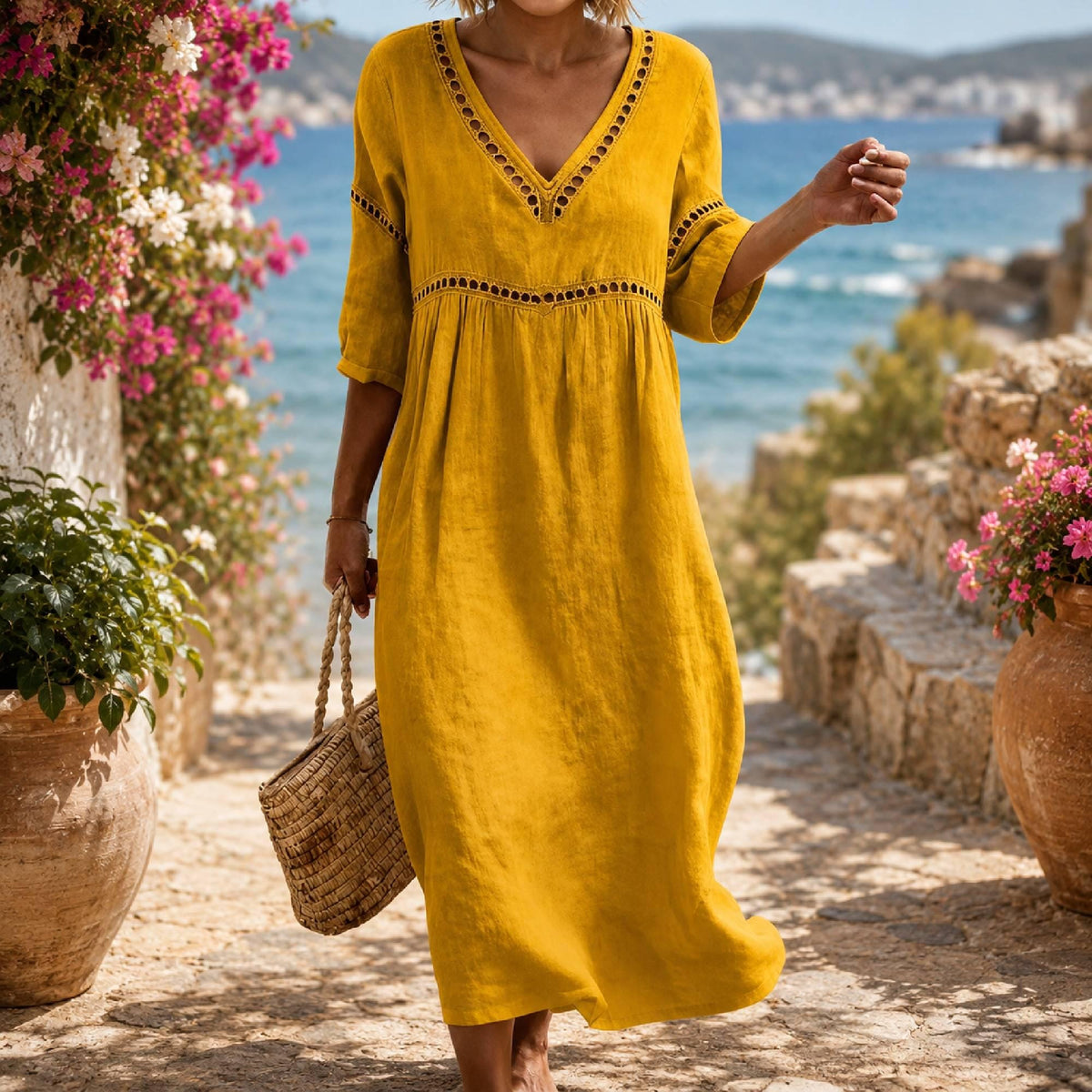 Light Blue Cotton V-Neck Maxi Dress, Boho Beach Summer Sundress