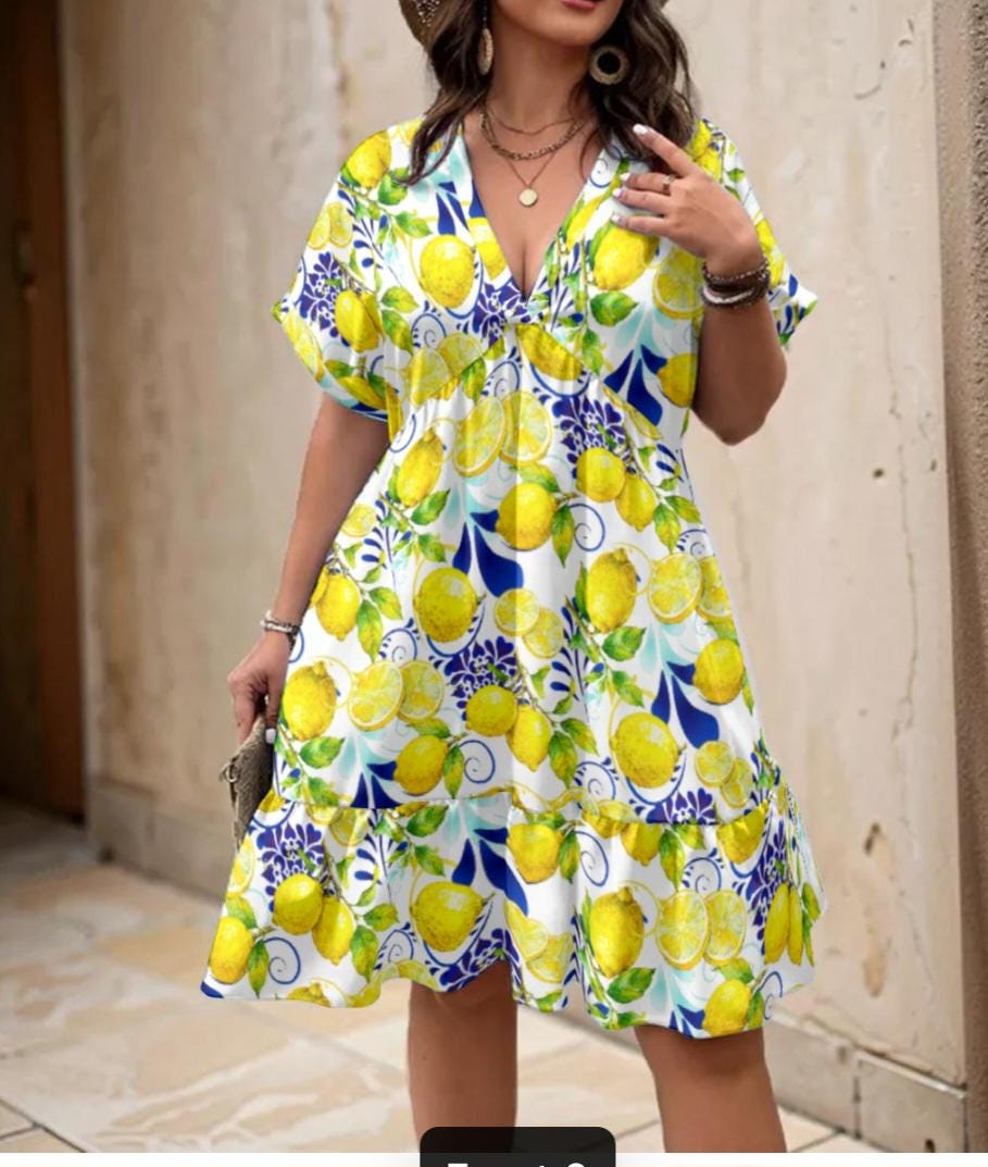 Amalfi Coast Collection Women's Floral V-Neck Short Sleeve Dress in your choice of trim colors. Wide range of sizes. Free shipping.