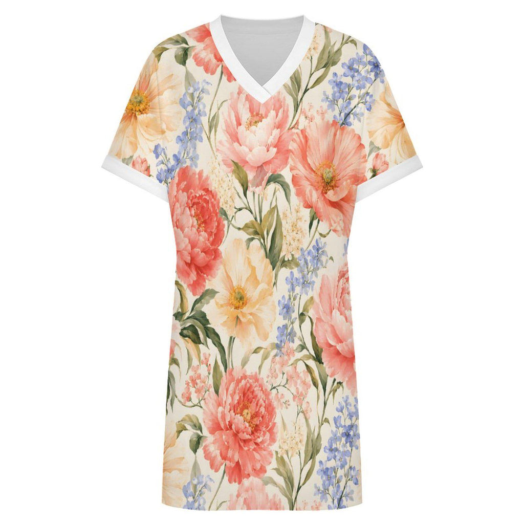 Floral V-Neck Beach Dress, Watercolor Tropical Summer Resort Wear