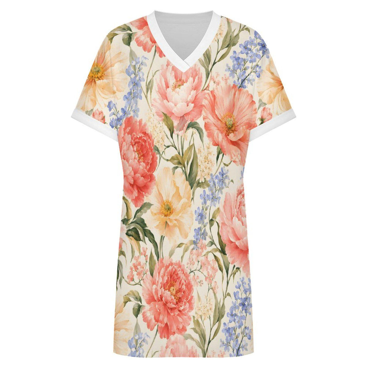 Floral V-Neck Beach Dress, Watercolor Tropical Summer Resort Wear