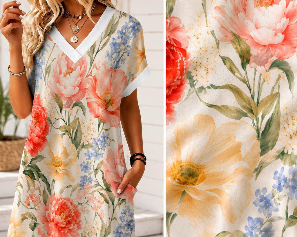 Floral V-Neck Beach Dress, Watercolor Tropical Summer Resort Wear