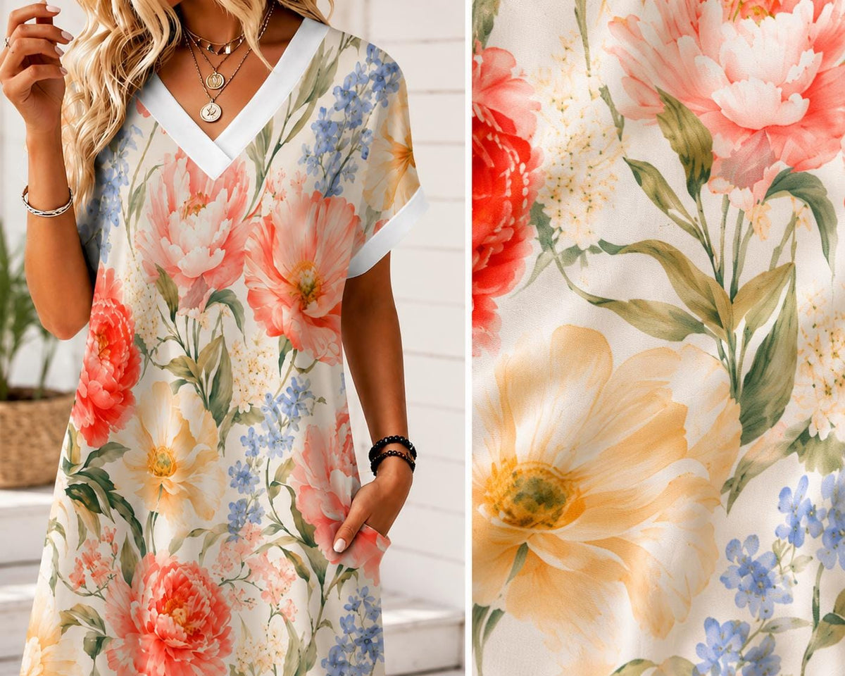 Floral V-Neck Beach Dress, Watercolor Tropical Summer Resort Wear