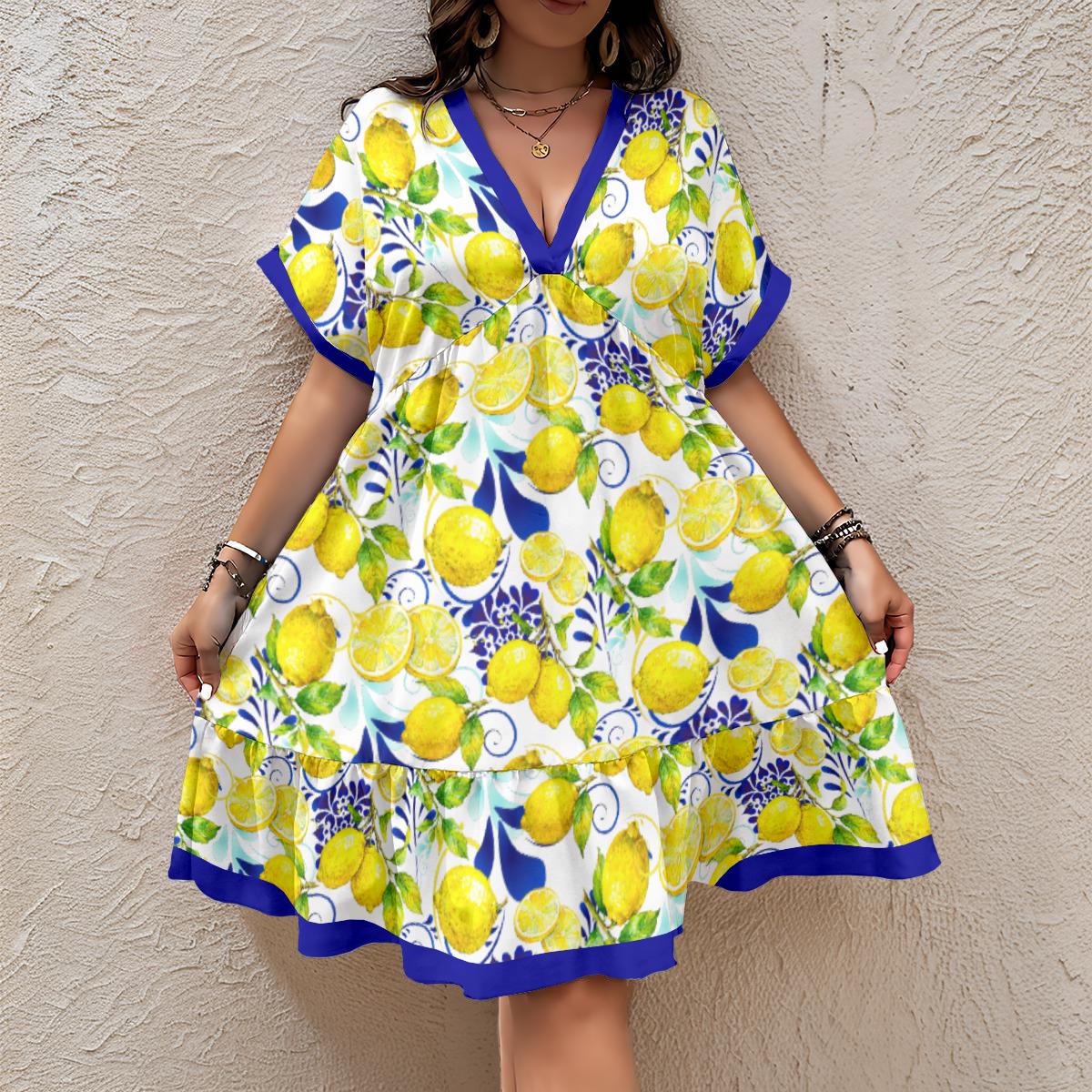 Amalfi Coast Collection Women's Floral V-Neck Short Sleeve Dress in your choice of trim colors. Wide range of sizes. Free shipping.