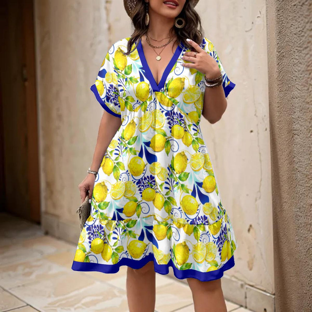 Amalfi Coast Collection Women's Floral V-Neck Short Sleeve Dress in your choice of trim colors. Wide range of sizes. Free shipping.