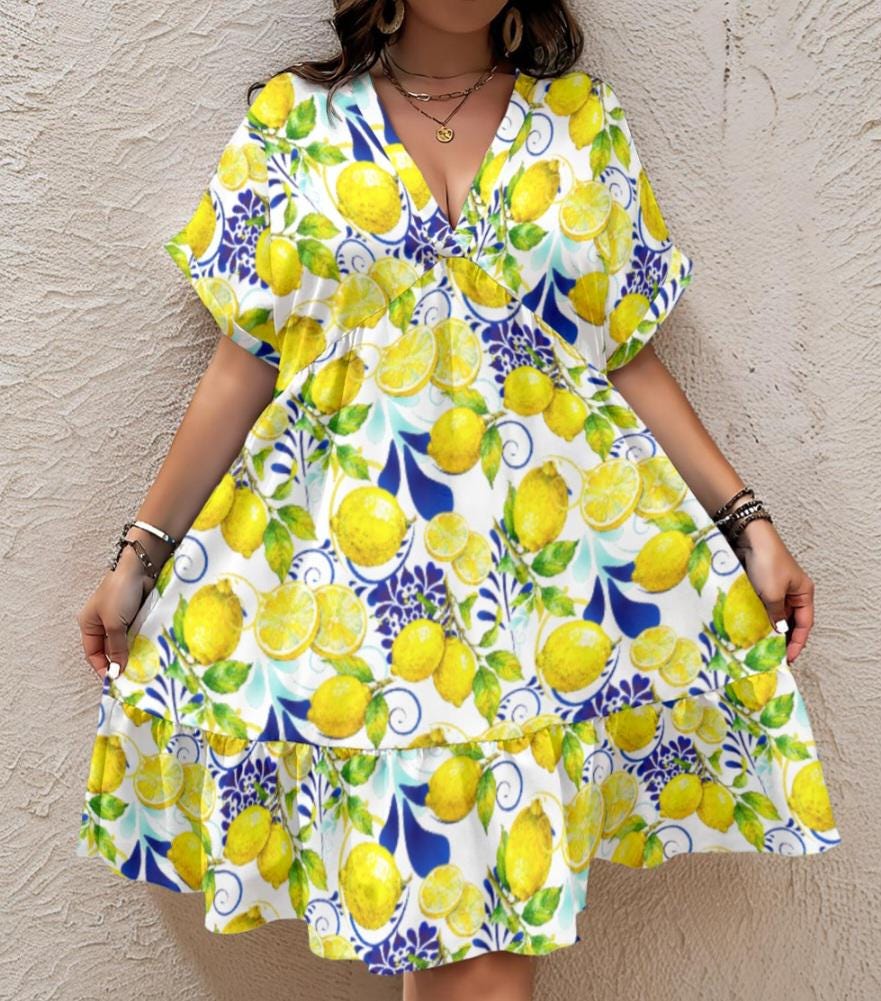 Amalfi Coast Collection Women's Floral V-Neck Short Sleeve Dress in your choice of trim colors. Wide range of sizes. Free shipping.
