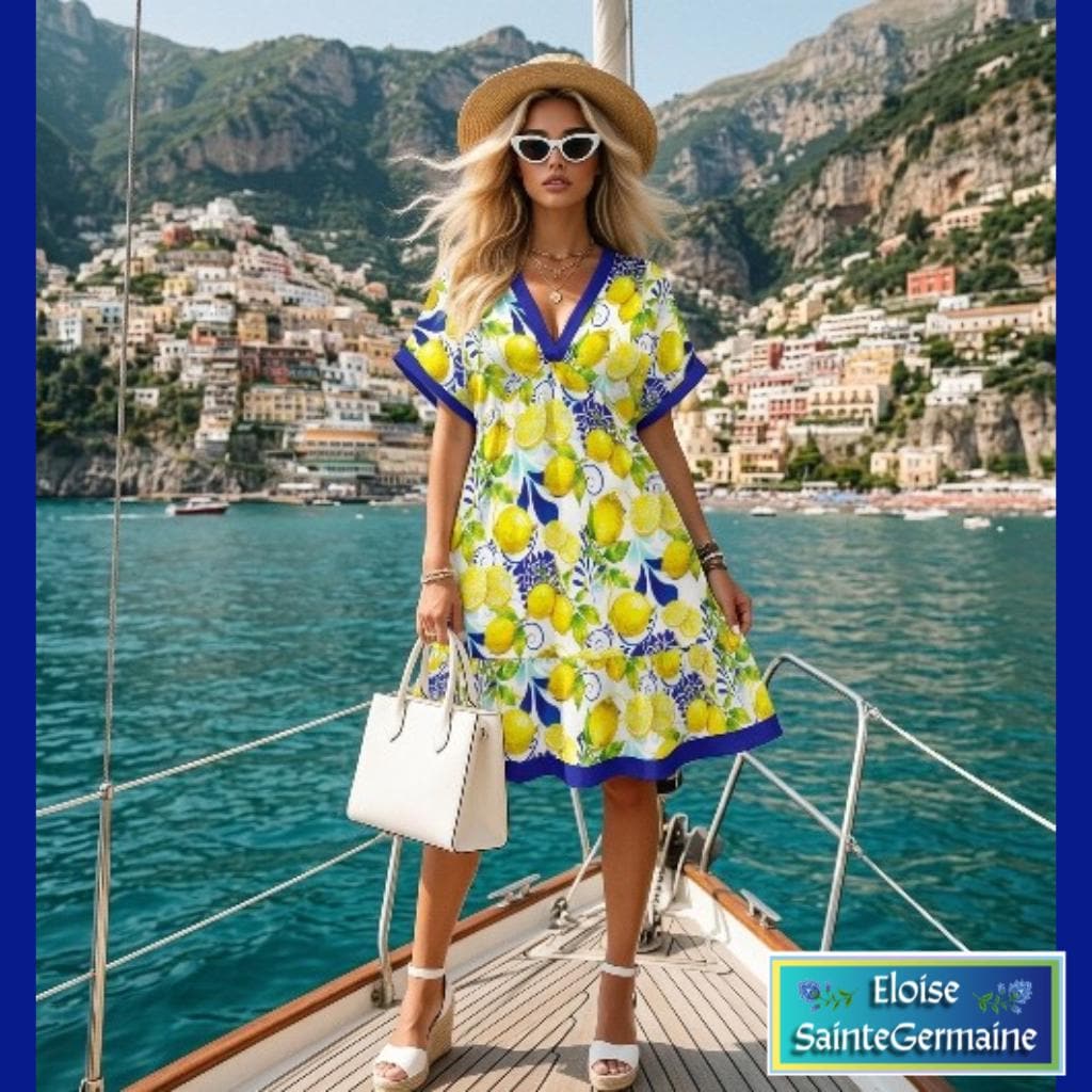 Amalfi Coast Collection Women's Floral V-Neck Short Sleeve Dress in your choice of trim colors. Wide range of sizes. Free shipping.