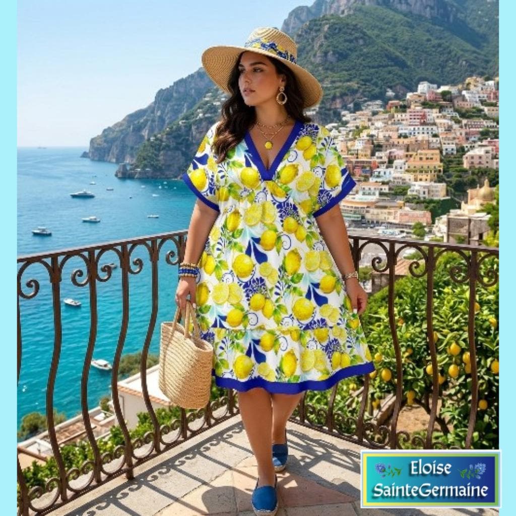 Amalfi Coast Collection Women's Floral V-Neck Short Sleeve Dress in your choice of trim colors. Wide range of sizes. Free shipping.