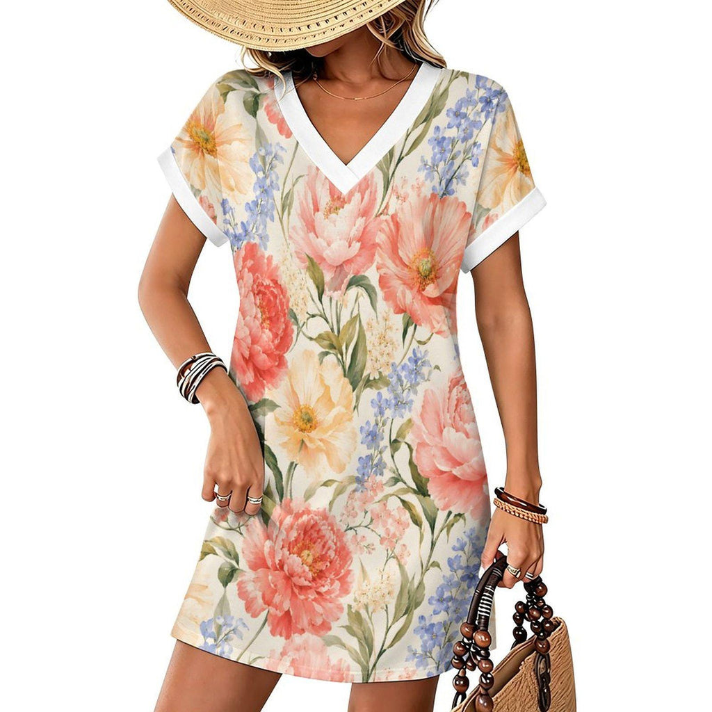 Floral V-Neck Beach Dress, Watercolor Tropical Summer Resort Wear