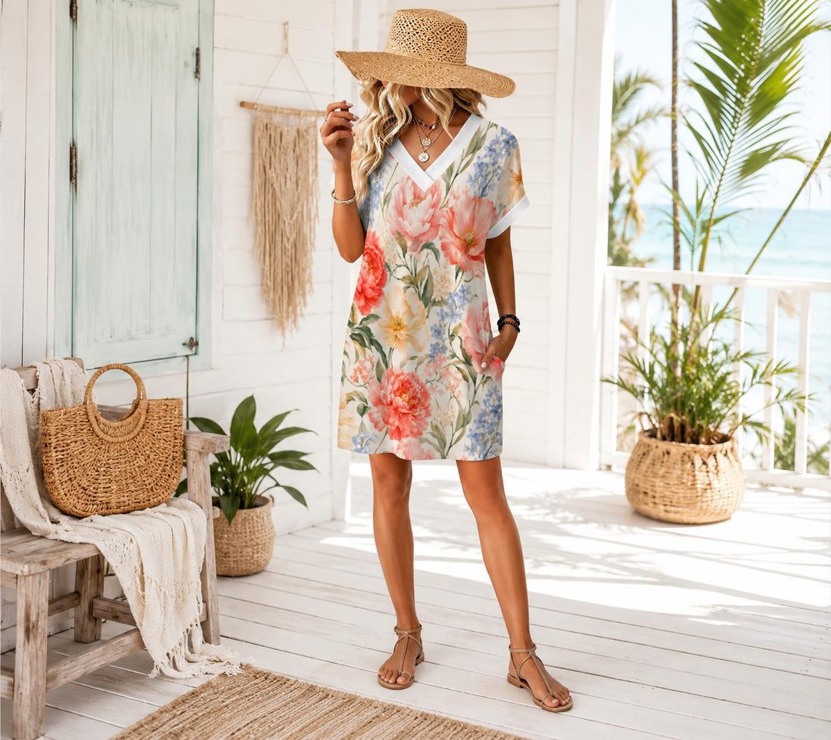Floral V-Neck Beach Dress, Watercolor Tropical Summer Resort Wear