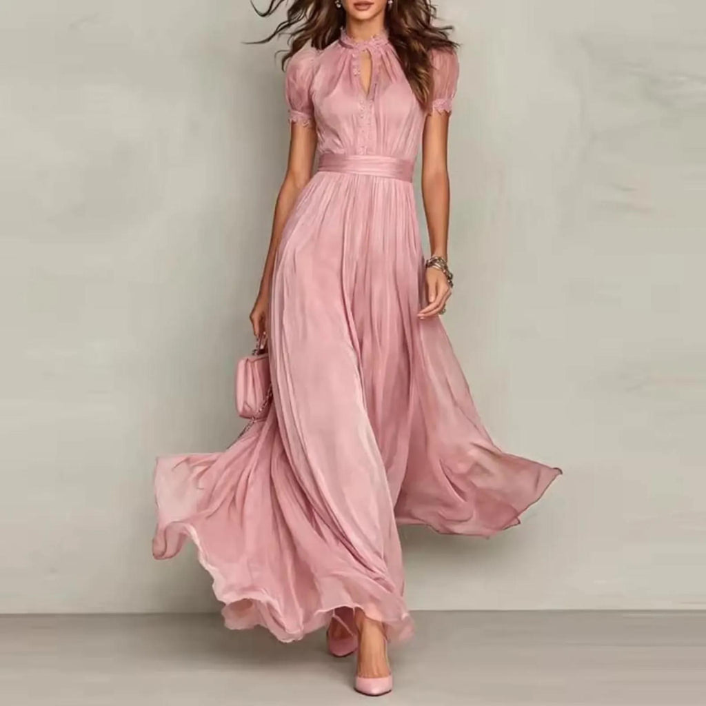Elegant Lace Boho Maxi Dress, Pleated High Waist Dress, Flowy Summer Party Gown, Romantic Wedding Guest Dress