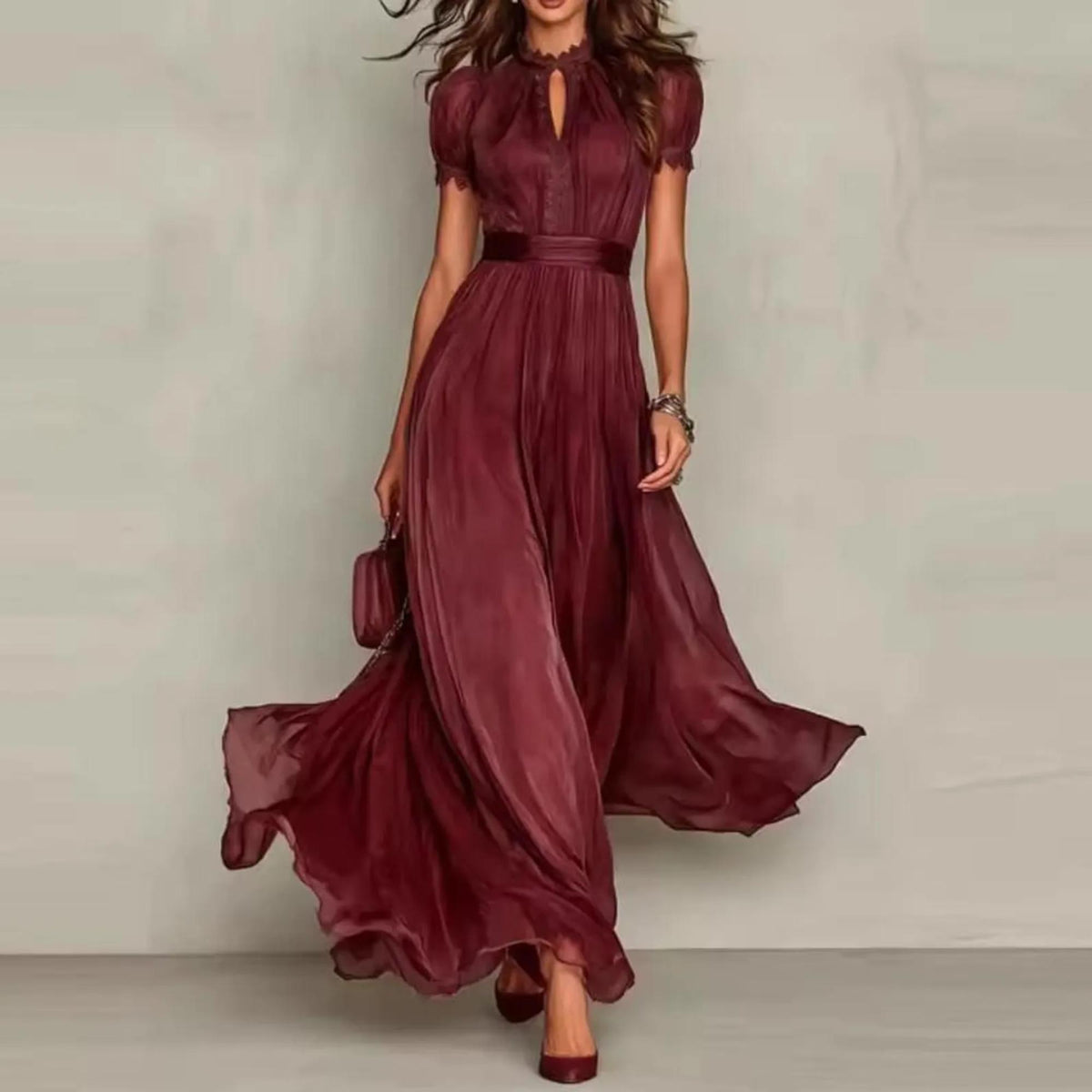 Elegant Lace Boho Maxi Dress, Pleated High Waist Dress, Flowy Summer Party Gown, Romantic Wedding Guest Dress