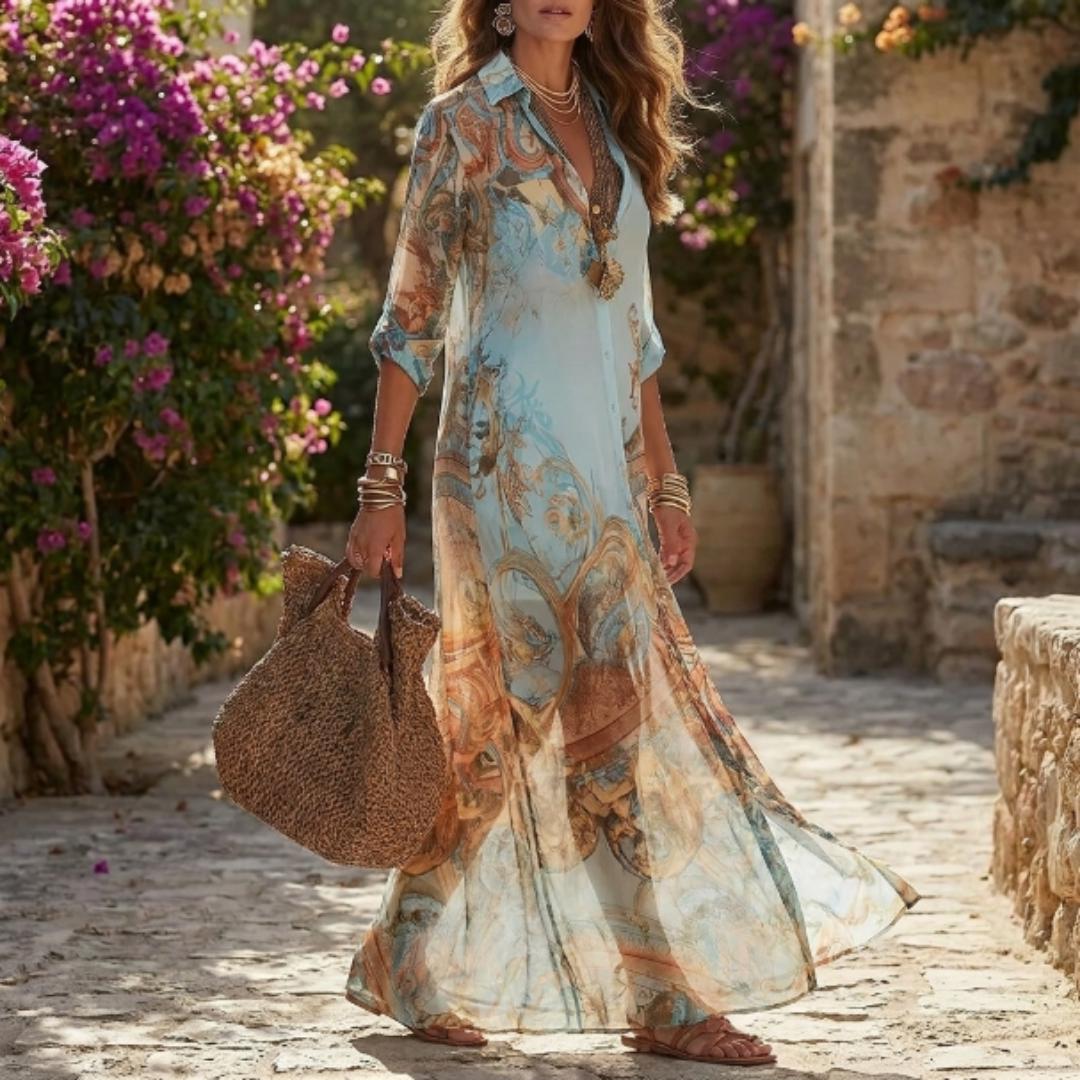 Elegant Chiffon Shirt Dress Women Boho Floral Digital Print Maxi Dress Casual Flowy Summer Beach Vacation Button Down Long Dress