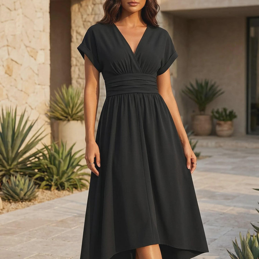 Elegant V-Neck Wrap Midi Dress: Flowy Pleated Waist, Summer Party Gown
