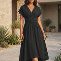 Elegant V-Neck Wrap Midi Dress: Flowy Pleated Waist, Summer Party Gown