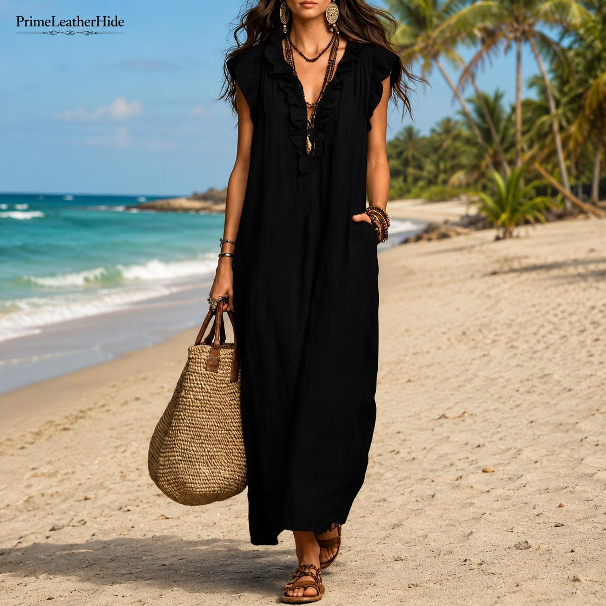 Boho Maxi Shirt Dress V-Neck Loose Fit Beach Kaftan Summer Vacation Casual Flowy Sundress