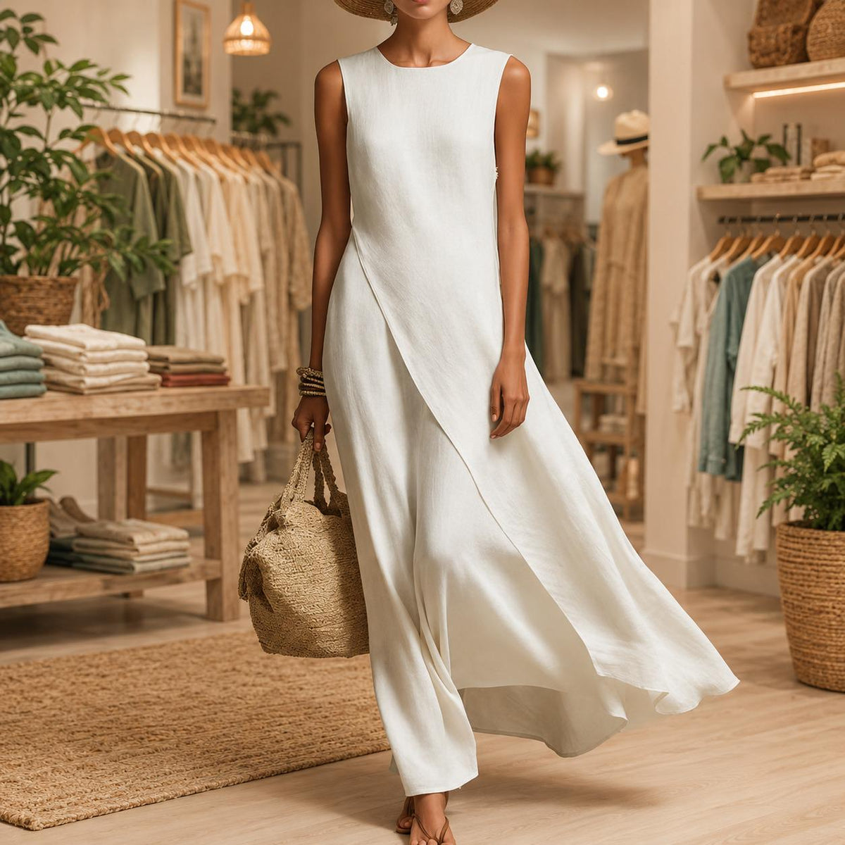Women's Elegant Sleeveless Linen Maxi Dress, Boho Flowy Summer Beach Vacation Resort Dress