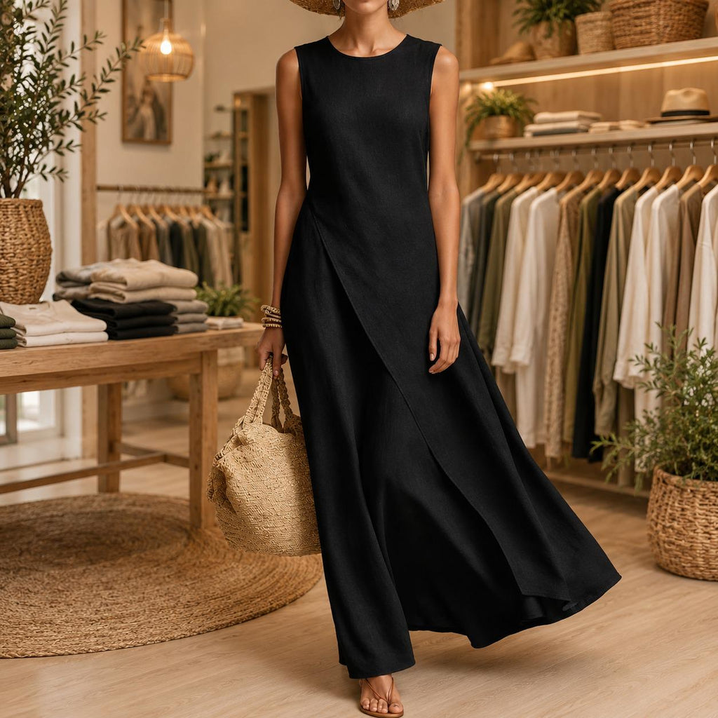 Women's Elegant Sleeveless Linen Maxi Dress, Boho Flowy Summer Beach Vacation Resort Dress