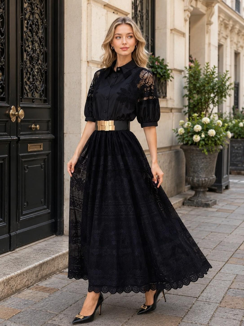 Elegant A Line Maxi Dress Lace Short Sleeve Y2K Streetwear Party Summer Waist Cinched