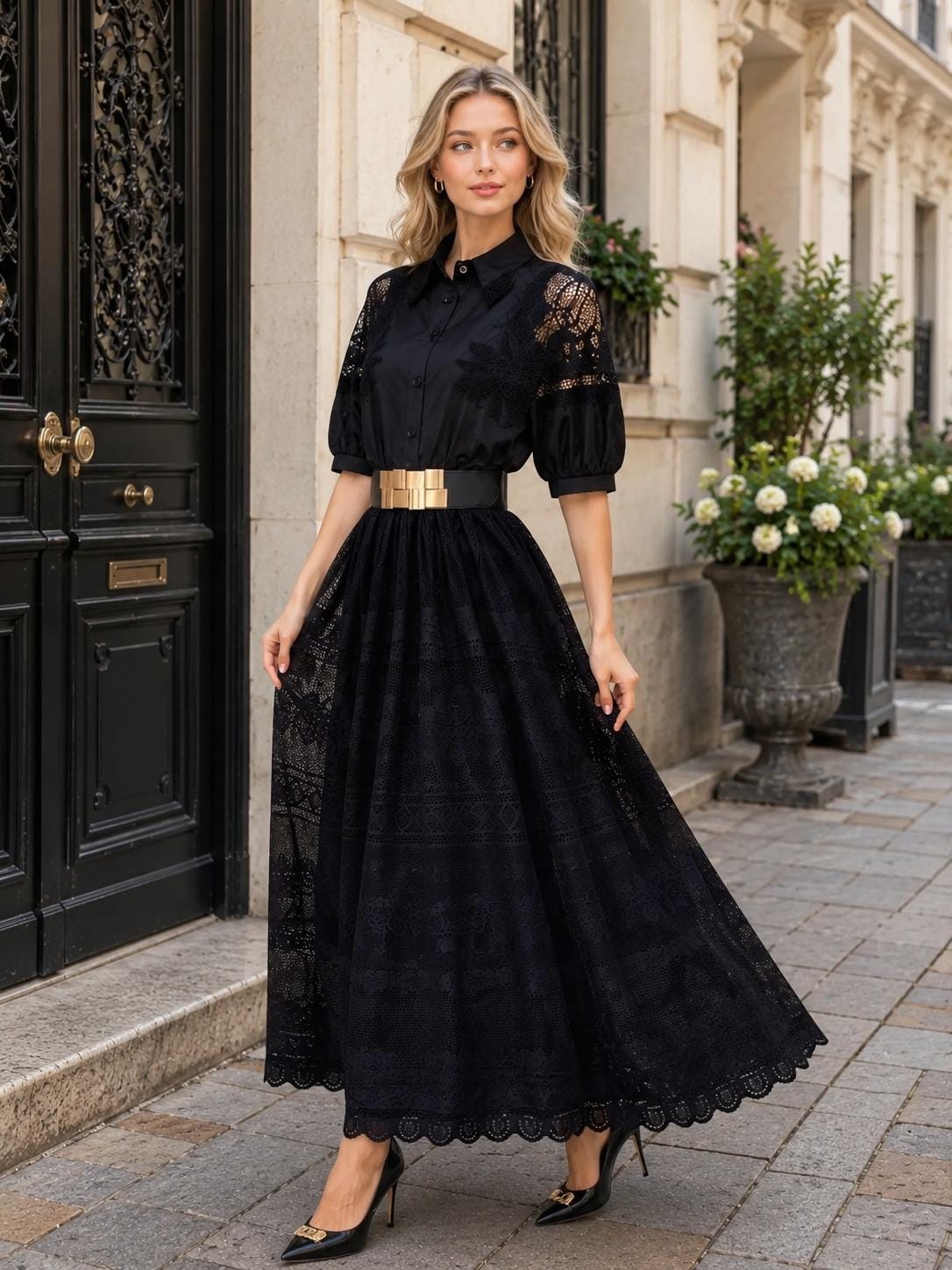 Elegant A Line Maxi Dress Lace Short Sleeve Y2K Streetwear Party Summer Waist Cinched