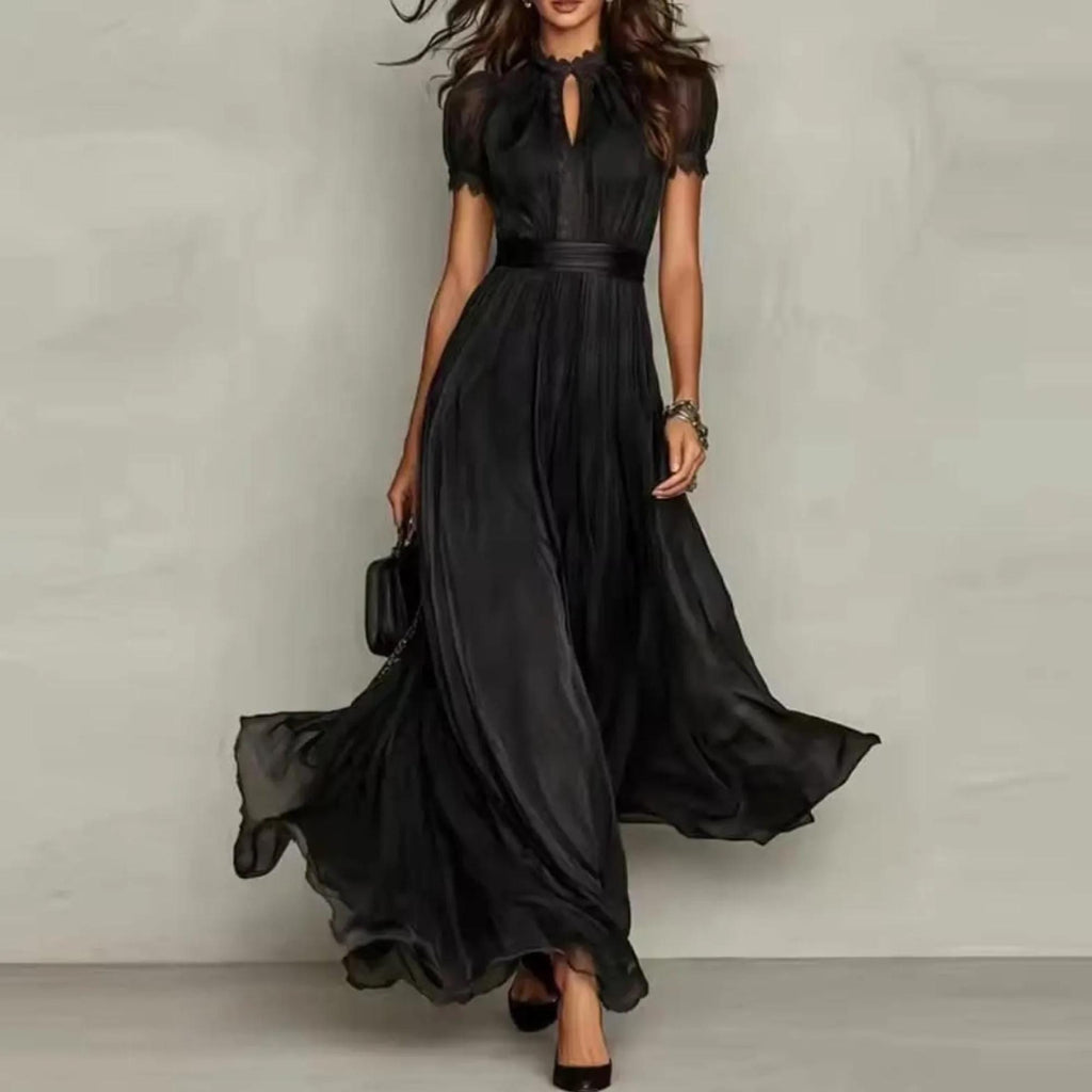 Elegant Lace Boho Maxi Dress, Pleated High Waist Dress, Flowy Summer Party Gown, Romantic Wedding Guest Dress