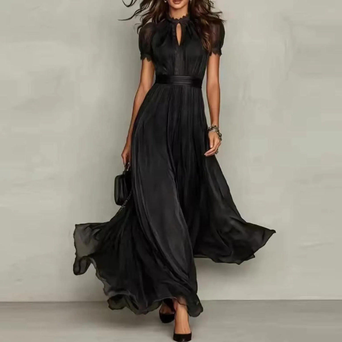 Elegant Lace Boho Maxi Dress, Pleated High Waist Dress, Flowy Summer Party Gown, Romantic Wedding Guest Dress