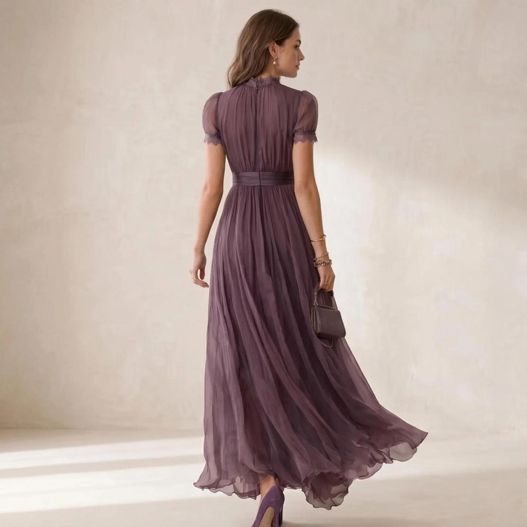 Elegant Lace Boho Maxi Dress, Pleated High Waist Dress, Flowy Summer Party Gown, Romantic Wedding Guest Dress