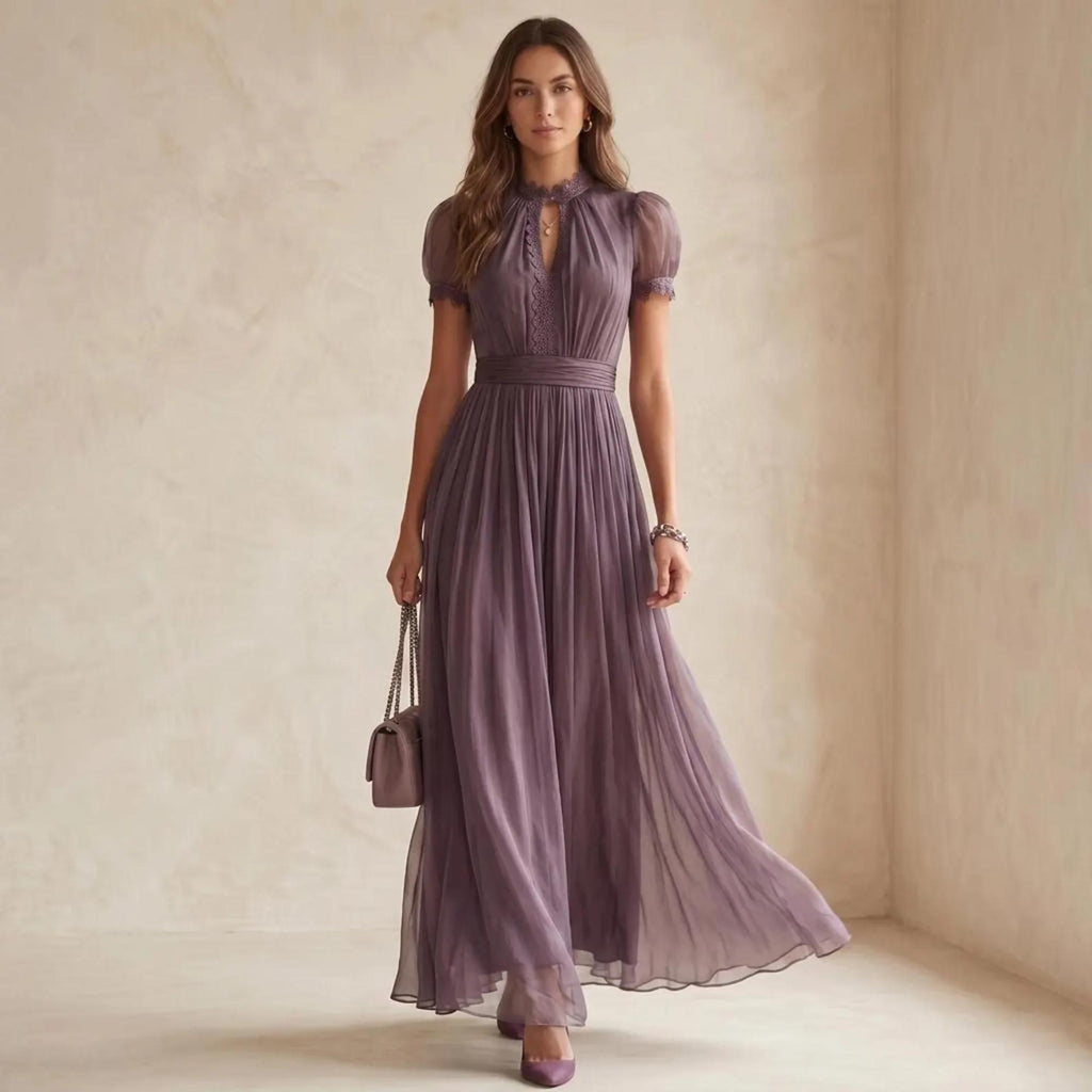 Elegant Lace Boho Maxi Dress, Pleated High Waist Dress, Flowy Summer Party Gown, Romantic Wedding Guest Dress