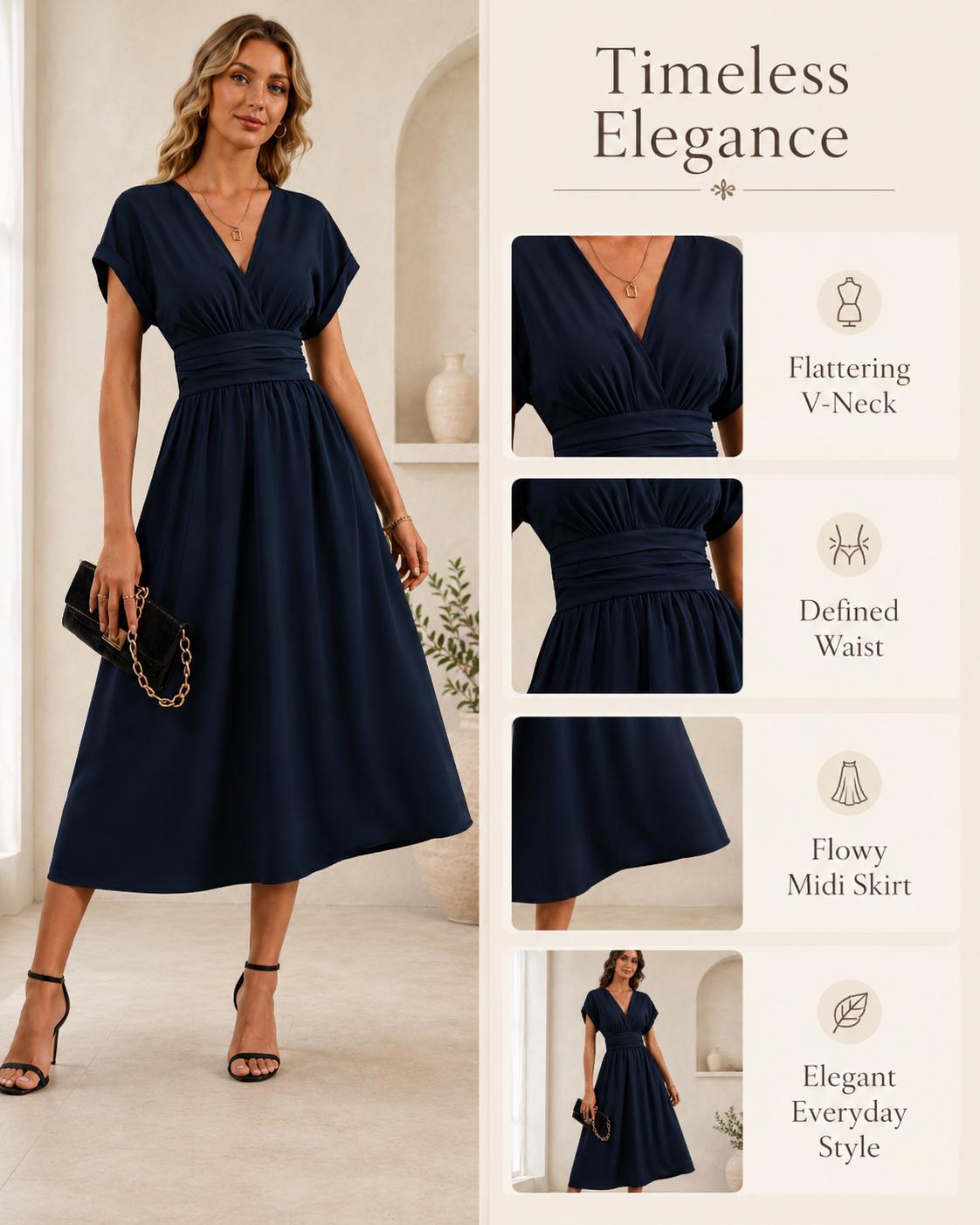 Elegant Navy Midi Dress, Minimalist Wedding Guest Dress, V Neck A Line Dress, Classic Feminine Cocktail Dress, Timeless Evening Dress
